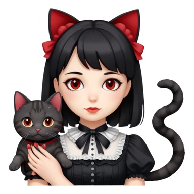 girl wearing black Lolita style dress, with medium-length black hair with red tips, and a black American Shorthair tabby cat sticker