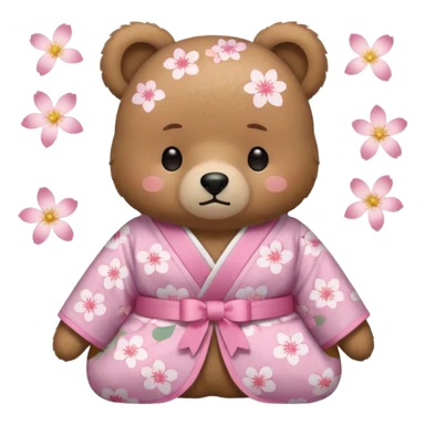 A cute light-brown bear wearing a pastel pink sakura-patterned kimono with a small ribbon on the back, normal balanced head and body proportions, sleepy half-closed eyes, mouth slightly open in a drowsy expression, tiny “zzz” floating near the head, a couple of sakura petals around
 sticker