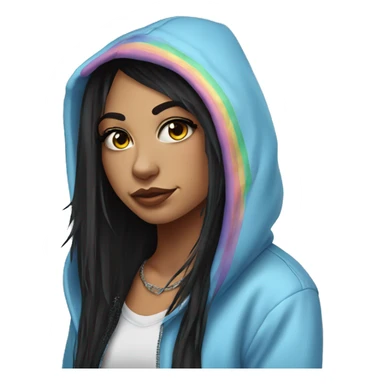 Pretty Girl with tattoos, long eyelashes, winged eyeliner, sky blue eyes, long black hair with rainbow fringe wearing a hoodie sticker