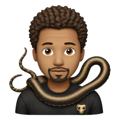 Homme couleur de peau noir, yeux marron avec un bouc que le menton, cheveux court et bouclé crépus avec dégradé sur le côté, avec un cobra à côté , t-shirt noir  sticker