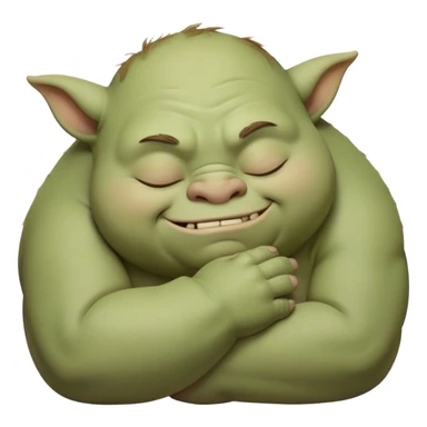 Meme-Worthy Cute Sleeping Ogre Portrait Emoji, with a surprisingly endearing, plump figure in soft earthy greens and browns, head drooping gently with closed, relaxed eyes and a content, sleepy grin, simplified yet adorably detailed, glowing with a soft warm outline that captures the peaceful slumber of a friendly ogre after a day of gentle mischief! sticker