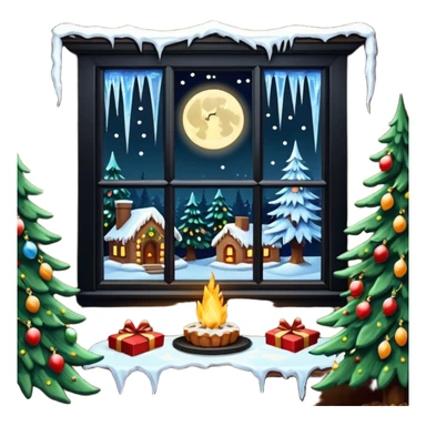 ultra hyperrealism,  dark window covered with icicles, in front of a beautifully decorated lit christmas tree at night, wrapped gifts under tree. Letter to Santa  with cookies sitting a fireplace sticker