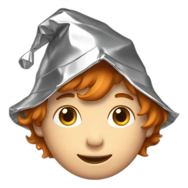 Readhead boy wearing pointy, crinkly tinfoil hat sticker