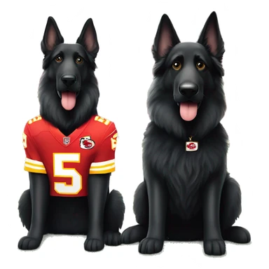 Two black long haired German Shepherd dogs sitting next to each other wearing Patrick Mahomes & Travis Kelce Kansas City Chiefs jerseys  sticker