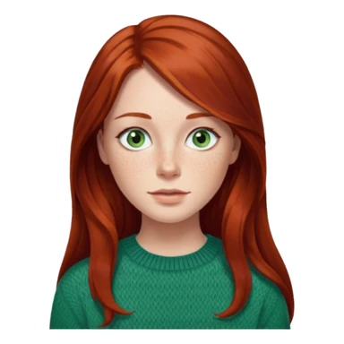 woman with long dark auburn red hair that is mostly straight but has slight waves to it. grey blue eyes. some freckles. wearing a Swedish style sweater that is green.  sticker