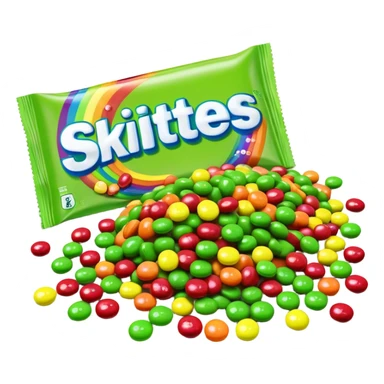 A multi-colored rainbow Skittles package next to a pile of exclusively green Skittles candies. The package shows all rainbow colors while the candies are only green. sticker