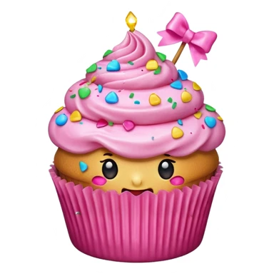 hyper realistic emoji of a bitten cupcake with pink frosting and a small gift bow on top, bitten part showing confetti filling, clean colorful emoji-style design sticker