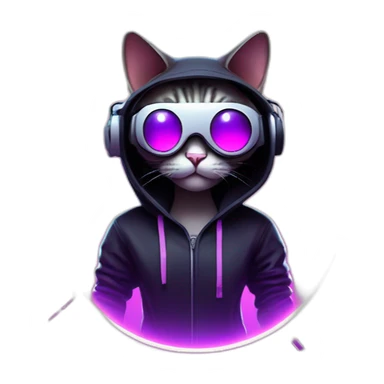 funny cat wearing a black hoodie with "OMG" letters on it and VR headset in a cyberpunk VR environment with violet neon lighting. sticker