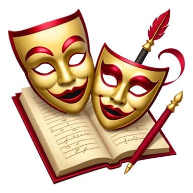 Create a bold and dramatic emoji representing the art of playwriting. The design should feature an open script or a theater playbook, with stylized text lines or dramatic dialogue inside. Include elements like a theatrical comedy and tragedy masks, a stage spotlight, or a writting quill to symbolize creativity and performance. Use deep, contrasting colors like red, black, and gold to evoke the intensity and passion of drama. The overall design should feel dramatic, inspiring, and artistic. Make the background transparent. sticker