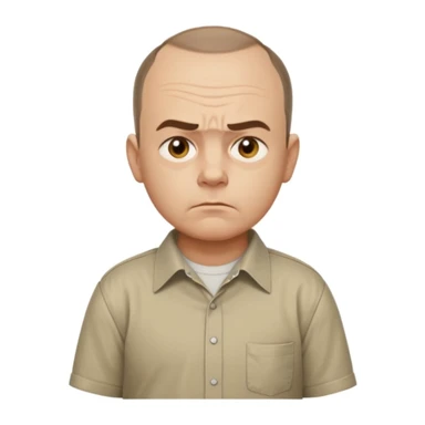 Carl from Sling Blade, serious expression, recognizable features, chin sticking out, slouching posture, no glasses, shirt with collar, front view, entire body visible, standing, head sticking forward, emoji style sticker