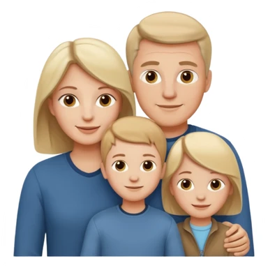 white family emoji: family of three, parents flanking child, all smiling, warm, casual modern clothes sticker