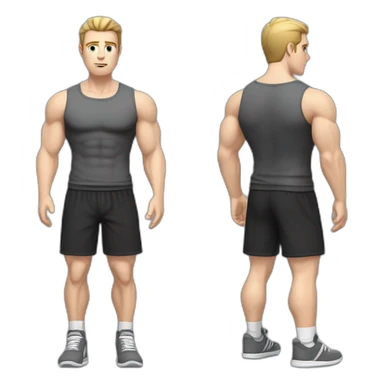 Confused Pale skinned Fit Man With the biceps and dark brown hair in black shirt, gray sports shorts and white Sneakers sticker