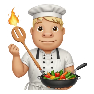 hippo man with tied blond hair and and a white apron grilling vegetables on a sizzling grill sticker