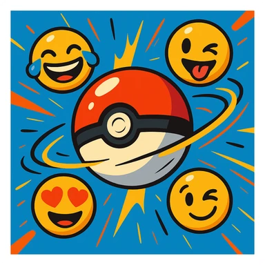 A Poké Ball with multiple colorful emojis such as laughing, winking, heart eyes orbiting around it, dynamic animated cartoon style with movement effects sticker