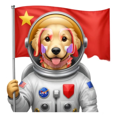 golden retriever body in space suit holding red rectangle flag sticker
