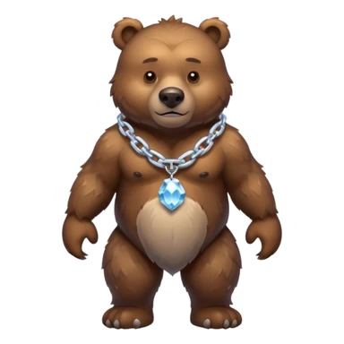 Fierce brown bear walking on four paws with an ice chain necklace, frozen chain links made of crystal clear ice, serious face sticker