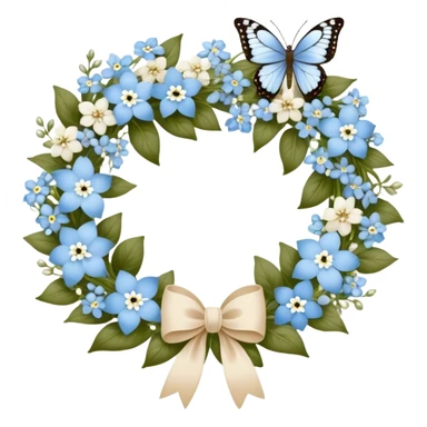 A delicate floral wreath woven from baby blue forget-me-nots and white jasmine, tied together with a velvet ribbon in creamy beige. A pearl-colored butterfly with intricate, lace-like wings rests atop the wreath, completing the picture of timeless elegance sticker