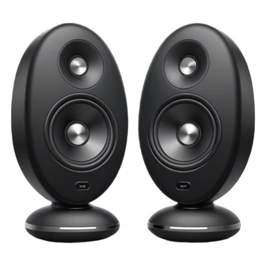 pair of big speakers emoji, deep matte black metal body, circular speaker cones with subtle depth, smooth rounded edges, minimalistic futuristic 3D style, luxury aesthetic sticker