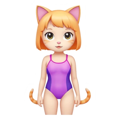 Cute short cat girl character with big head in a colorful swimsuit, kawaii style sticker