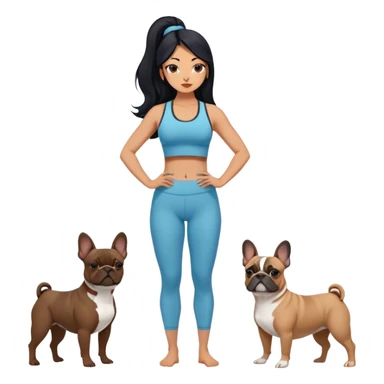 latin woman in a yoga outfit with long black hair standing alongside two French bulldogs emoji
 sticker
