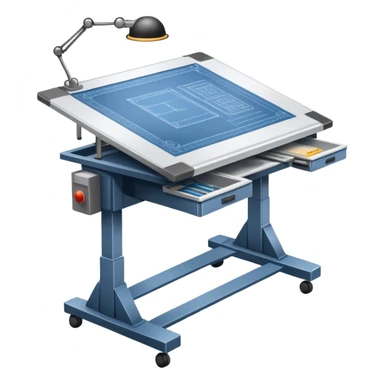 An icon featuring an engineering drafting table with a blueprint, a ready machine, and microchips, symbolizing engineering. The design includes gears, tools, and circuit boards, representing the design, creation, and innovation in technology. Transparent background highlights the science of building sticker
