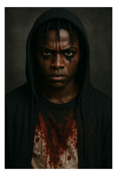 A brown dark-skinned character with short dreadlocks, black mascara streaks under brown eyes, dressed in a black hoodie, blood visible on the shirt. sticker