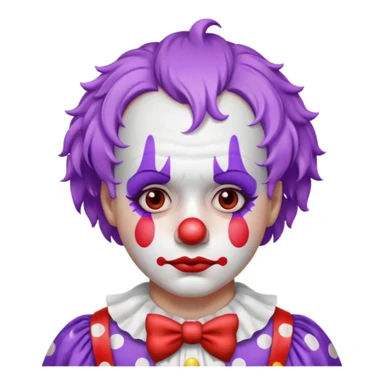 ID photo of a sad clown emoji, white face paint, red nose, classic makeup, multiple tears, short curly pastel purple hair, polka-dotted costume in soft tones, glossy highlights, centered, white background sticker