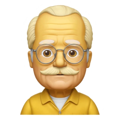 A 3D cartoon close-up of Grandpa Abe Simpson from The Simpsons, rendered in Memoji-style with bald yellow head, white tufts of hair on the sides, wrinkled face, glasses, and warm lighting. Match the Simpsons family color tone and style, yellow dress. sticker