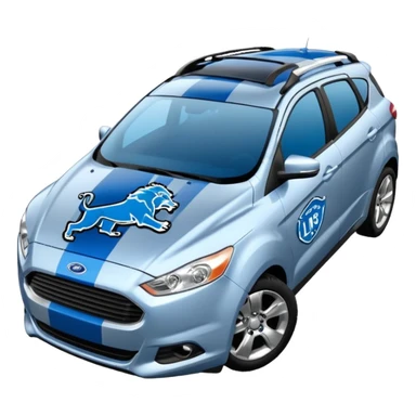 Compact Ford car emoji with Detroit Lions theme, blue and silver stripes, lion paw prints, football on the roof sticker