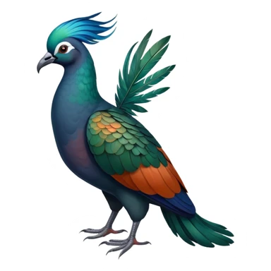 Nicobar pigeon with iridescent blue-green feathers, long neck feathers, bright orange beak, and white tail sticker