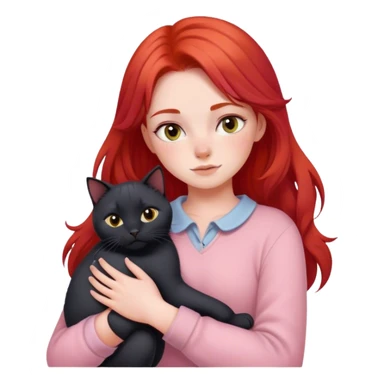 
a girl with red hair in pastel clothes hugs a black British cat sticker