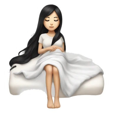 asian cute girl with long beauty black hair sleeping with white blanket and pillow no bed sticker