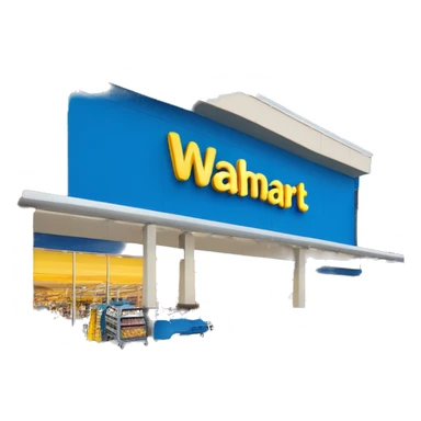 “Exterior of a Walmart store with the sunburst logo above the entrance, blue facade with yellow accents, large sliding glass doors, and shopping carts lined up outside, capturing the look of a busy retail supercenter.” sticker