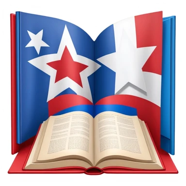 Open book about theatrical scenography with the Puerto Rican flag integrated into its pages, showing theater stage designs in red and blue colors with a white star sticker