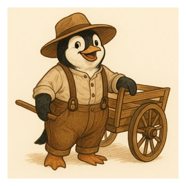 a cheerful and determined penguin in pioneer clothing, including a wide-brimmed hat and suspenders, standing next to a wooden handcart, minimal background sticker