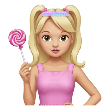 Emma Bunton with long blonde ponytails wearing light pink body dress holding a lollipop sticker