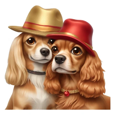 Two dogs hugging each other full-length. One is a long-haired beige Chihuahua with red strands and protruding ears. The second is a red cocker spaniel. They are both wearing New Year's hats, the cocker is bigger than the Chihuahua. sticker