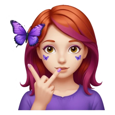 red haired girl finger holding purple butterfly sticker