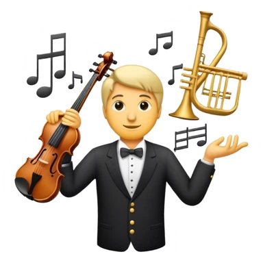 asian Create a sophisticated and elegant emoji that represents orchestration and arrangement. The design should feature a conductor’s baton, musical notes, and a symphonic score, symbolizing the process of arranging and orchestrating music. Incorporate instruments like a violin, trumpet,  sticker