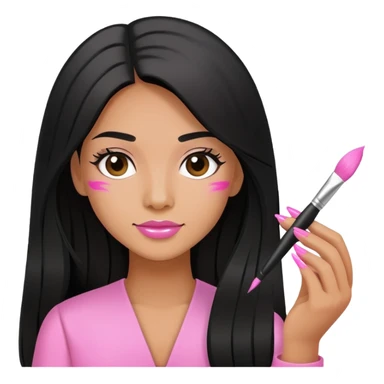 Pink Nail Tech with black long hair holding small acrylic brush sticker