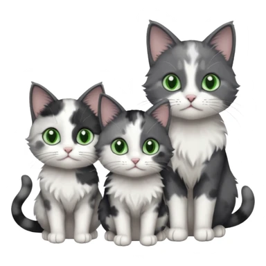 3 different coloured small cats including a dark grey and white, and a patchy calico and a completely solid dark grey with green eyes and only white paws\ sticker
