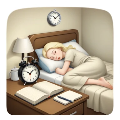 A dimly lit bedroom with a person sleeping. On a nightstand, there's  there’s a small alarm clock and a closed journal. In the background, a clean and tidy kitchen is visible, symbolizing a fresh start for the morning. preparation. sticker