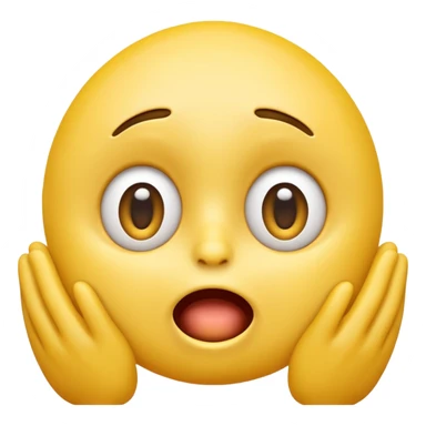 A 3D glossy yellow emoji face with a horrified expression, only large wide-open eyes, wide-open mouth, raised eyebrows, no nose, hands against its cheeks, vector style, black background, high quality, soft studio lighting sticker