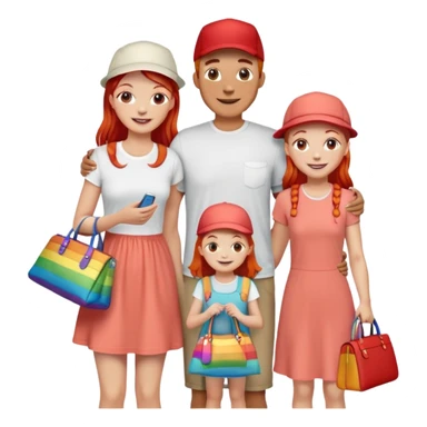 A happy family of four - father in white t-shirt and cap, mother with red hair in coral dress, young daughter in matching dress with rainbow handbag, teenage son in light embroidered shirt, all smiling together sticker