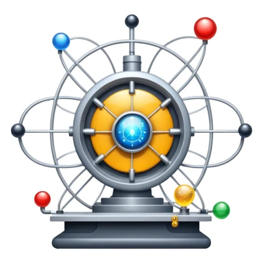 An icon featuring a large particle collider, atom symbols, and energy waves, symbolizing the field of physics. The design includes a lab setup with scientific equipment, representing experiments and fundamental forces of nature. Transparent background highlights the exploration of matter and energy. sticker