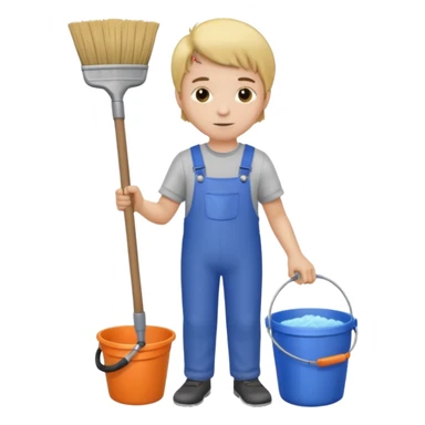 Boy in cleaning clothes, holding a broom and a bucket sticker