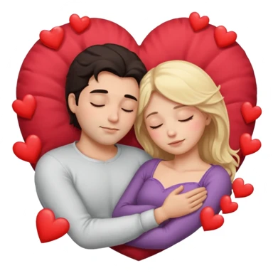 Sleeping romance couple. man has dark hair. woman is blonde. hearts around them. no third person. sticker