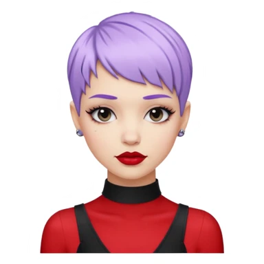 cool white girl with pastel purple pixie hair, black choker necklace, red lipstick, lip ring, raised eyebrows, smirk, fashionista style sticker