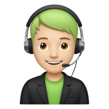 A modern flat emoji depicting a call center employee wearing a light green T-shirt and black jacket, with a headset, a friendly expression, a minimalist design, bright colors, and a white or transparent background. sticker