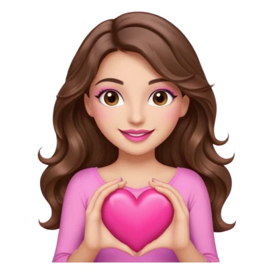 girl with long wavy brown hair, brown eyes, long lashes makeup, sexy pink lips, light to medium complexion, wearing a pink sexy top, smiling, holding a big heart with both hands sticker